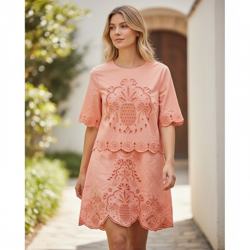 Crown & Ivy Skirt Set Women 6 Peach Eyelet Pineapple Southern Down South